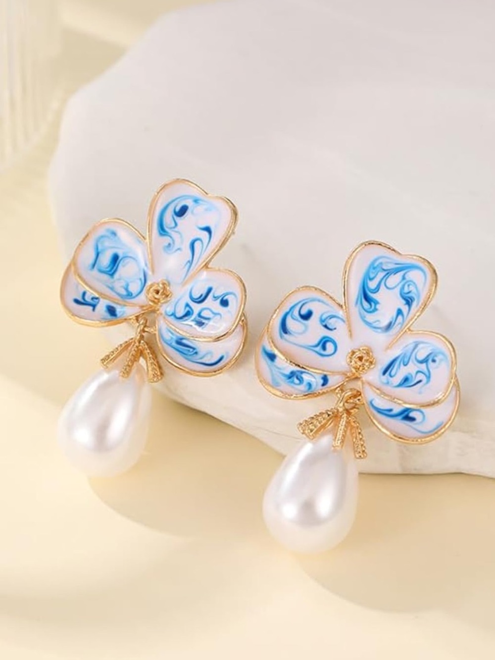 Anthropologie Blue & White Floral Enamel Pearl Drop Earrings